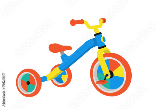 Brightly colored convertible tricycle designed for young children learning to ride