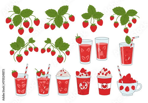 Fresh sweet red strawberries and delicious strawberry beverages collection
