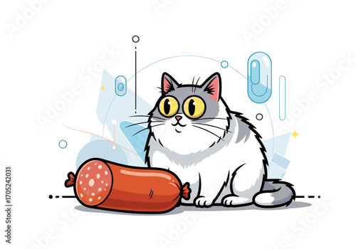 Chubby grey and white cat gazing lovingly at a large sausage on a white background with abstract shapes