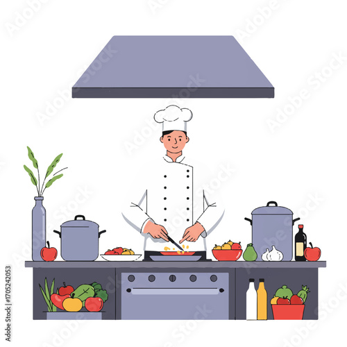 A male chef in uniform cooks a meal in a professional kitchen, surrounded by pots, pans, and fresh ingredients, depicted as a clean 2D flat vector illustration.