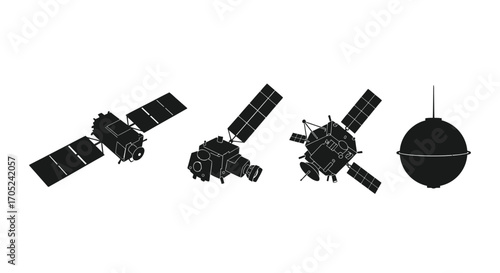 Φωτογραφία Collection of four distinct satellite silhouettes in black and white