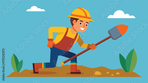 Excavation in progress by a cheerful worker with a shovel in a sunny outdoor setting