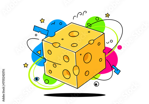 A cubed cheese block surrounded by colorful abstract shapes and swirls floating in space