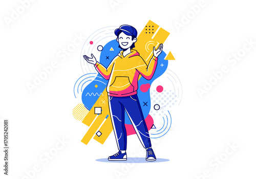 Happy young person wearing casual clothes standing with arms outstretched in a colorful abstract design illustration