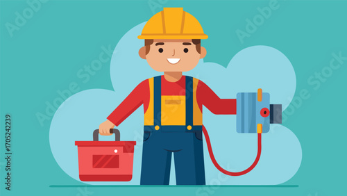 Construction worker happily demonstrating tools while standing against a bright blue background