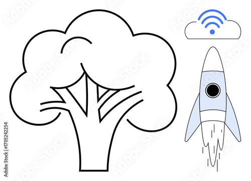Rocket launching alongside a cloud with a wireless signal above and a tree symbolizing nature. Ideal for technology, innovation, growth, sustainability, environment, connectivity, progress. Simple