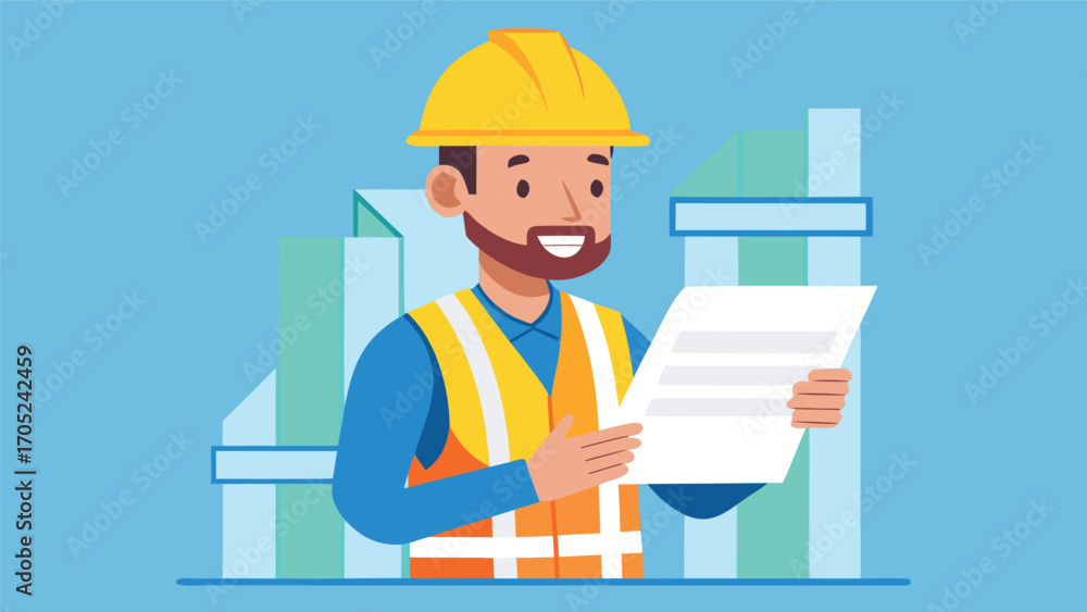 Construction worker reviewing plans and smiling in a bright workspace Construction worker reviewing plans and smiling in a bright workspace