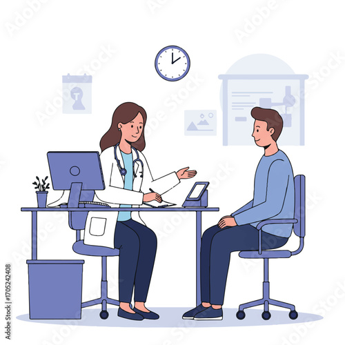 A professional female doctor consults a male patient in a clean clinic office, depicted in a bright flat 2D vector illustration with simplified style and medical equipment visible.