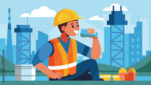 Construction worker enjoys a refreshing drink during a break in the city skyline
