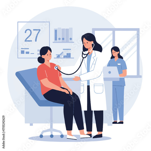 2D flat vector illustration showing a professional female doctor examining a patient with a stethoscope, a nurse assisting in a modern clinic room.