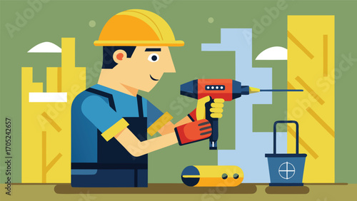 Construction worker drilling with tools in an urban workshop during daylight hours