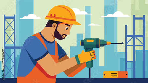 Construction worker using a drill on a building site during daytime in a city skyline