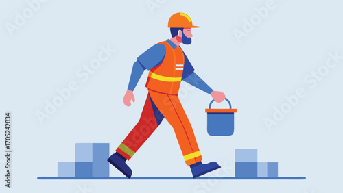 Construction worker carrying a bucket walks on site while wearing safety gear