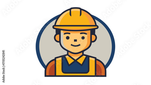Construction worker wearing helmet smiles confidently in a creative illustration style
