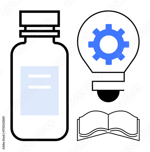 Medicine bottle, lightbulb with gear, and open book symbolizing innovation, healthcare, education, and progress. Ideal for science communication, research, learning technology creativity health