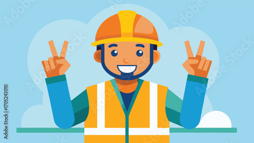 Construction worker smiling and giving peace signs against a blue background during daytime