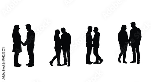 Four couples in romantic silhouette poses against a white background silhouette