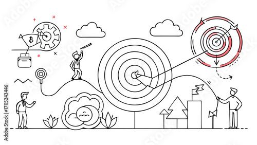 Visual representation of goal setting and achievement concepts in a stylized landscape environment