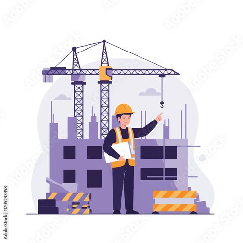 Construction worker in a hard hat stands on a building site, holding blueprints and pointing at a partially built structure, with a crane in the background, a simplified 2D flat vector.