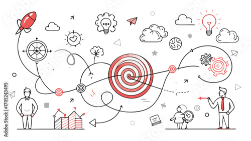 Goal-setting journey illustrated with creative elements showing inspiration and progress in a visual format