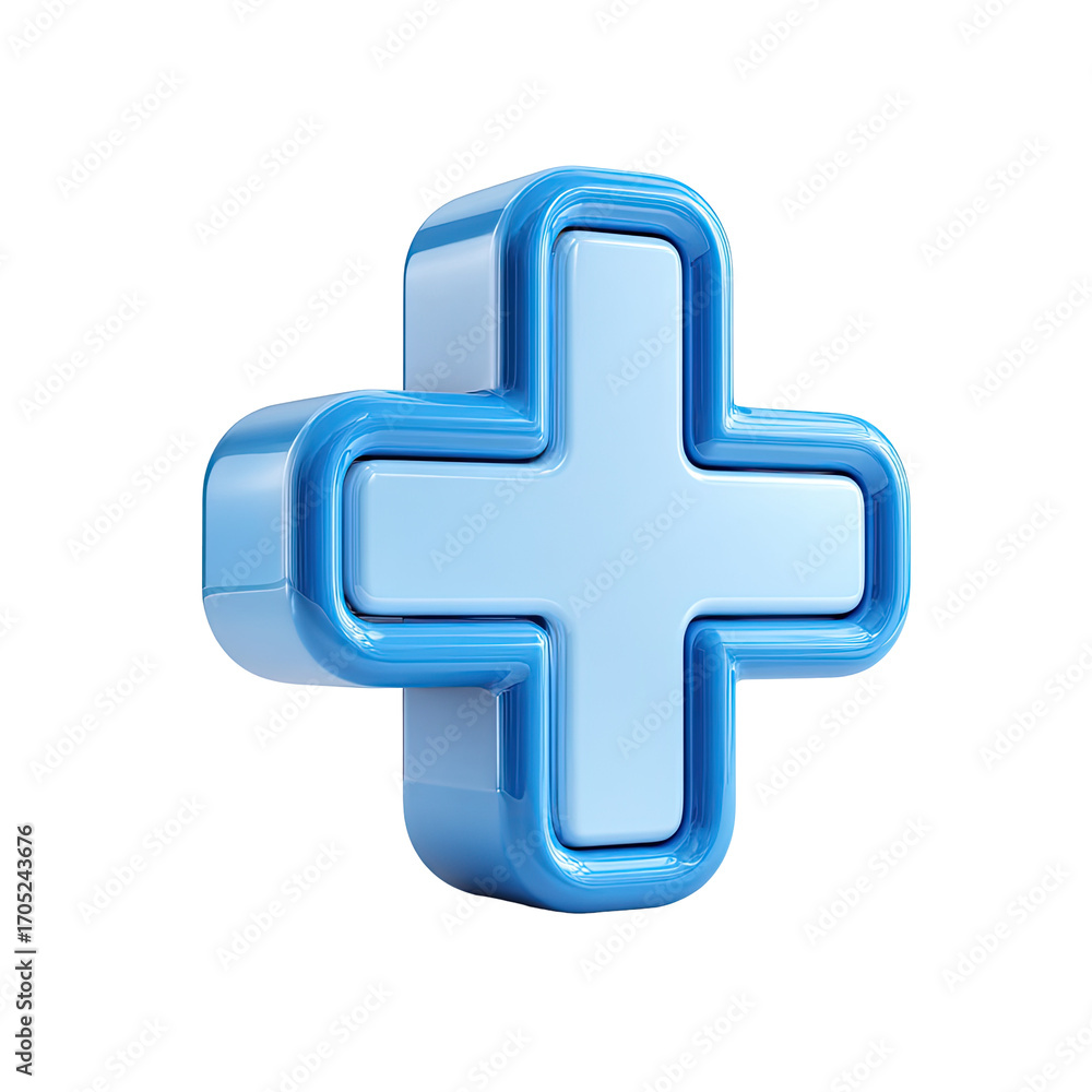 Fototapeta premium A 3D rendered, light-blue plus sign with a darker blue border, glossy finish, and subtle shadowing
