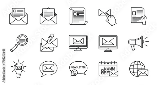 Collection of email and communication icons in a simple silhouette style