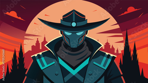 Vigilante figure stands against a sunset backdrop highlighting an urban landscape