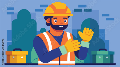 Construction worker greets with a smile in a city park during daytime