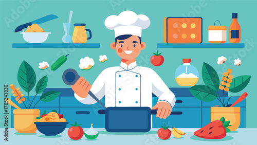 Chef preparing a delicious meal with fresh ingredients in a vibrant kitchen setting