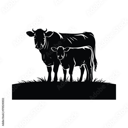 Elegant illustration of a cow and calf Heartland Harmony farm fresh dairy logo design