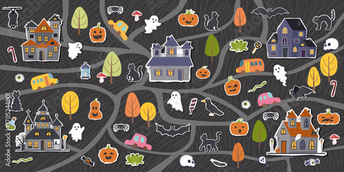Halloween concept banner. Halloween map of town with different objects. Vector flat background.