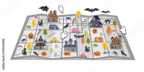 Halloween concept banner. Halloween map of town with different Halloween objects. Vector flat background.
