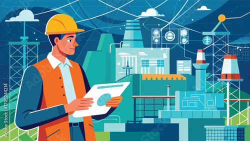 Engineer reviews project plans at a power plant site during afternoon hours in a modern industrial setting