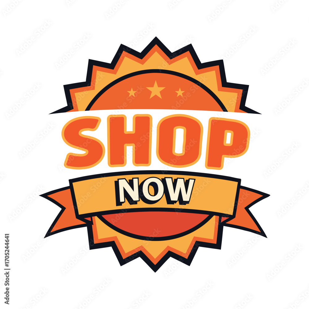Obraz premium Shop now badge vector design, orange sale emblem, perfect for ecommerce banner, retail promotion sticker, online store call to action button, digital shop marketing, special offer label illustration.