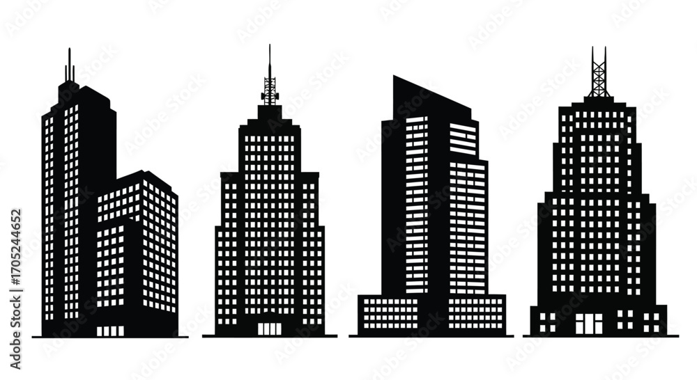 Fototapeta premium Collection of diverse modern skyscraper silhouettes in black and white