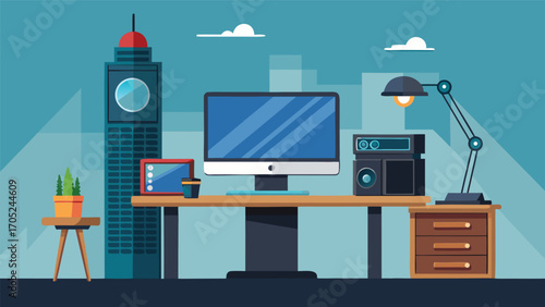 Modern workspace design featuring computer, plants, and city skyline backdrop