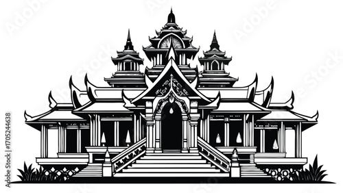 Intricate Thai temple design showcasing traditional architecture and artistic details in black and white illustration