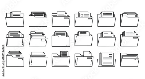 Collection of hand drawn folder icons representing document organization silhouette