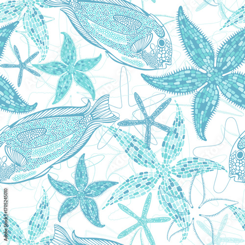 Stylish seamless pattern on marine theme with cute fish and starfish on white. Vector. Perfect for design templates, wallpaper, wrapping, fabric, print and textile. 