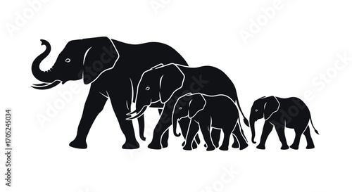 A herd of elephants walking together in a striking black silhouette