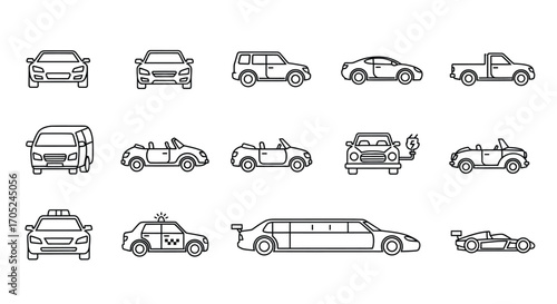 Collection of diverse vehicle silhouettes in outline style