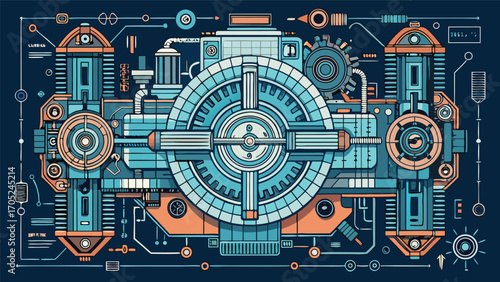 Modern industrial design featuring intricate machinery in blue and orange on a dark background