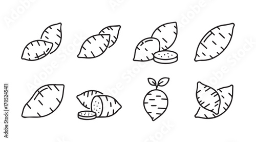 Collection of hand drawn sweet potato illustrations in silhouette style