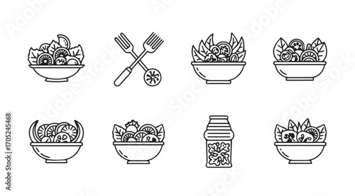 Collection of fresh salad bowls and utensils in a simple silhouette style