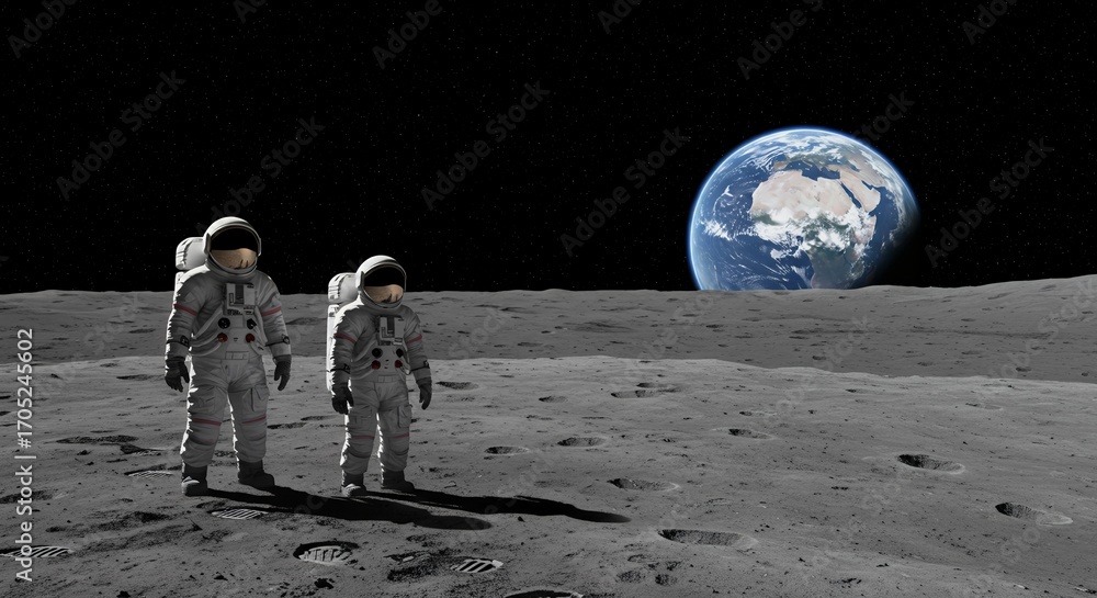 Fototapeta premium Astronauts on the Moon with Earth visible in the background
