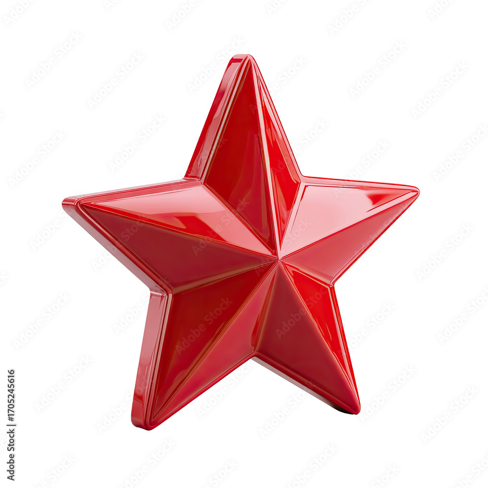 Obraz premium A glossy, five-pointed red star, rendered in 3D, displays a high-shine finish and defined facets