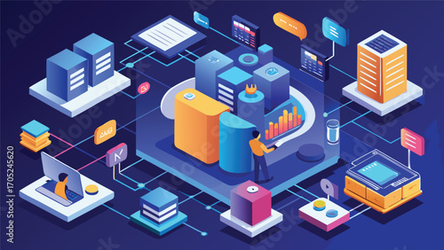 Engaging digital workspace filled with technology and data visualization elements for productivity and innovation