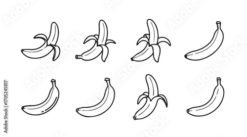 Collection of hand drawn banana illustrations in a distinctive silhouette style