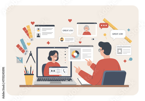 Team collaborates remotely on digital projects, sharing ideas and progress online for success