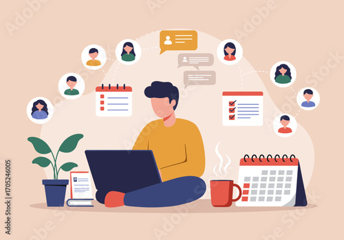 Man working remotely on a laptop with calendars and colleagues